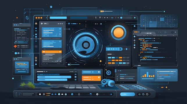 Flat vector illustration of a dark-mode software development dashboard with code panels and UI components.