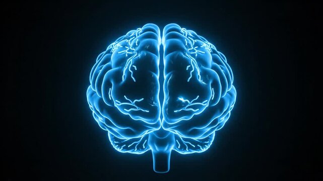 A glowing blue human brain model against a dark background