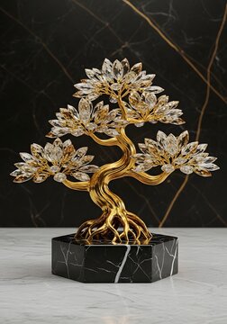 Golden crystal bonsai tree with black marble background luxury decorative object