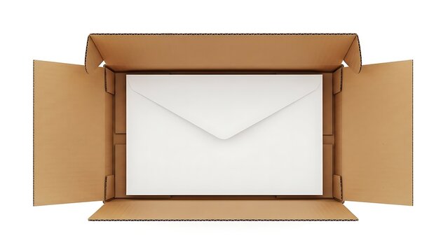 White envelope centrally placed inside an open cardboard box