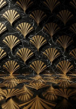 Golden fan shaped ornaments on a black marble background art deco style wall texture