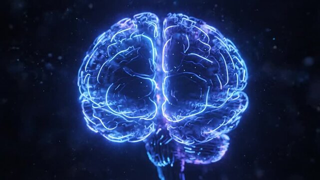 A glowing digital human brain model against a dark background