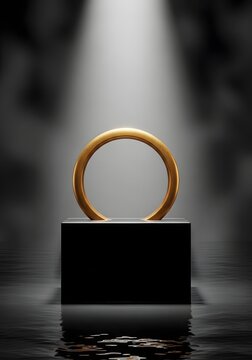 Golden ring on a pedestal with a black marble background dramatic lighting
