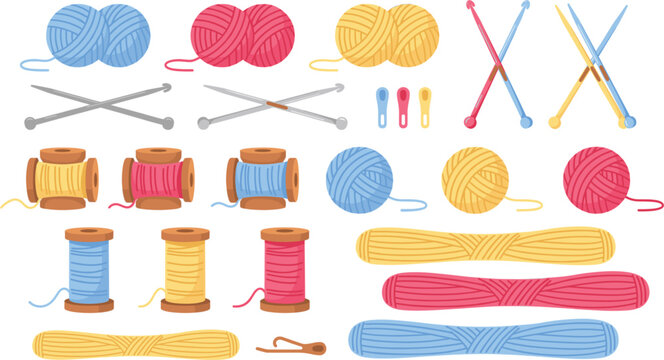 Knitting and sewing vector set featuring yarn balls spools of thread knitting needles and crochet tools on white background