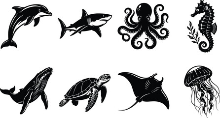Black and white vector graphic icons of marine life including dolphin shark octopus seahorse whale turtle stingray and jellyfish © Gauranga