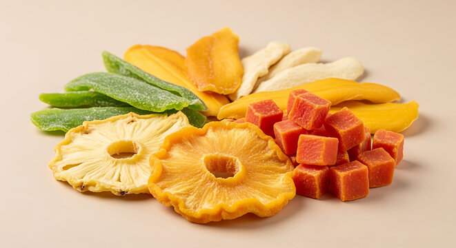 Assorted dried fruit fusion with pineapple rings, mango slices, and papaya cubes