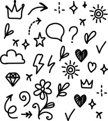 Fototapeta premium Set of hand drawn doodle elements including hearts stars crowns flowers arrows and weather icons with sketched