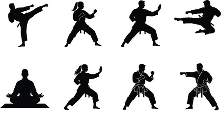 Black and white vector silhouette icons of male and female martial artists practicing karate kicks punches and meditation © Gauranga