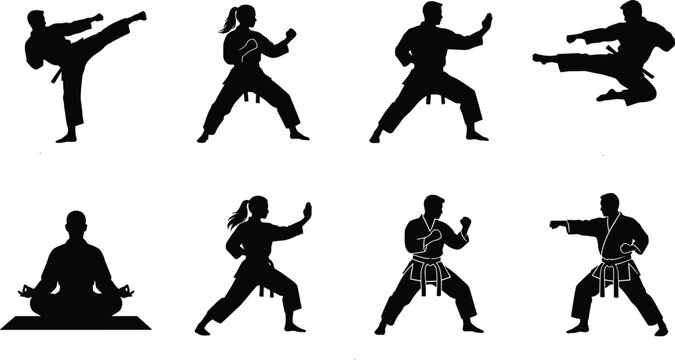 Black and white vector silhouette icons of male and female martial artists practicing karate kicks punches and meditation