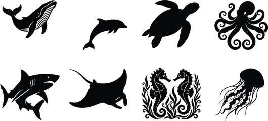 Black and white silhouette vector icons of marine life including whale dolphin turtle octopus shark stingray seahorses and jellyfish © Gauranga