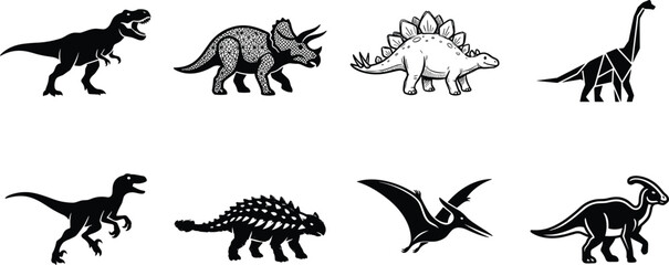 Black dinosaur silhouettes and vector icons set isolated on a white background for prehistoric design concepts © Gauranga
