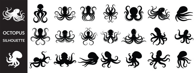 Black silhouette of octopus illustrations in black silhouette vector style, © iconpower