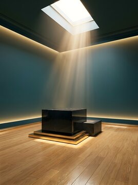 Minimalist black marble pedestal in a modern room with light beams and a black marble background