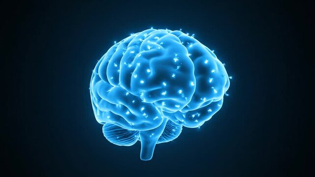 A glowing blue human brain model against a dark background