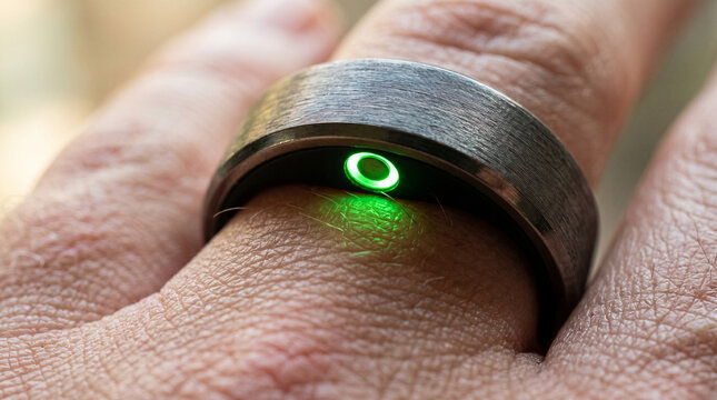 Smart ring with green led sensor worn on a persons finger