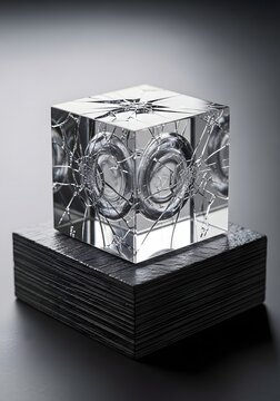 Shattered glass cube on black marble background fractured transparent block