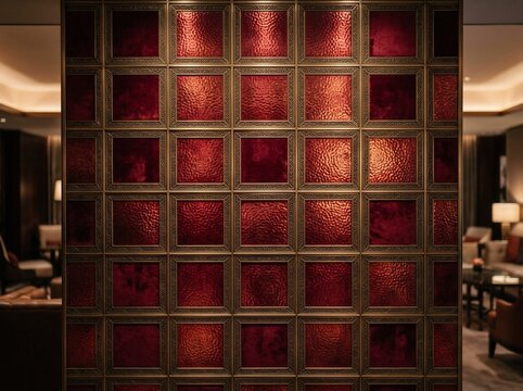 Sophisticated interior wall featuring deep red hammered glass panels set within dark bronze metal grid frames for luxurious modern lounge and high end commercial space design.