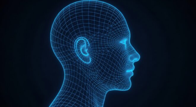 Digital human head profile made of blue glowing technology lines illustration futuristic