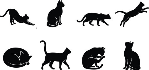 Cat silhouettes collection in various poses featuring stretching sitting prowling leaping sleeping curled up walking looking up and licking paw graphics © Gauranga