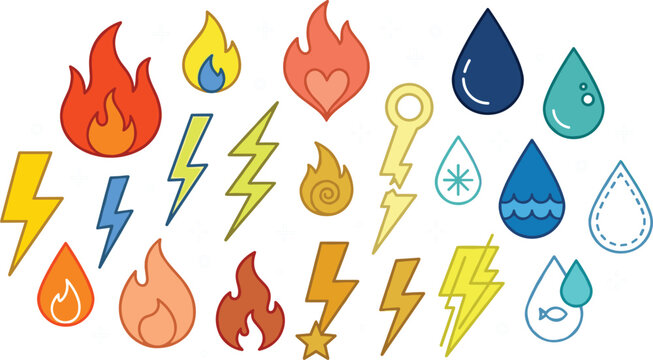 Magic Nature Elements Vector Icon Set Featuring Diverse Fire Flames Lightning Bolts and Water Drops with Unique Internal Patterns and Creative Design Symbols
