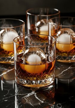 Whiskey glasses with ice and amber liquid on a black marble background elegant drink presentation