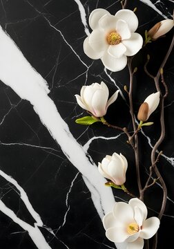 White magnolia flowers on a black marble background elegant floral arrangement