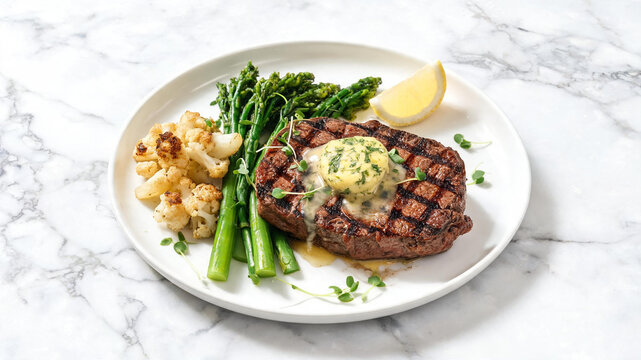 Grilled steak herb butter white plate cauliflower broccolini 
microgreens lemon bright natural light keto low carb concept