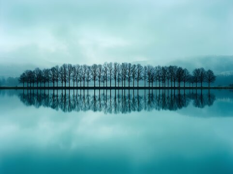 Row of trees reflected in calm water under misty blue morning sky with landscape