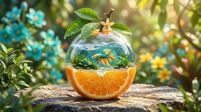 Creative orange fruit shaped glass fish tank with colorful betta fish sitting on boulder.