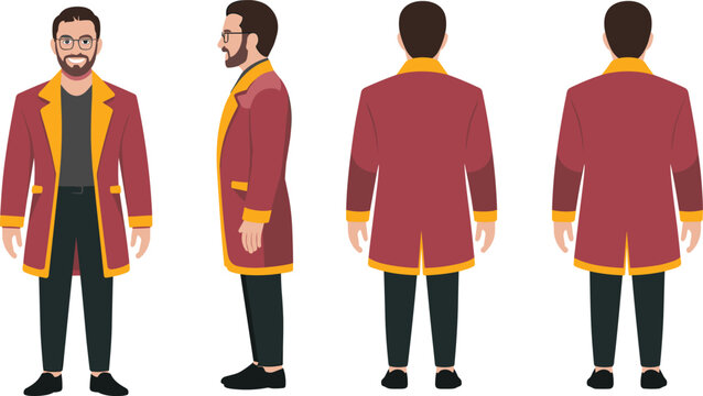 Man character turnaround sheet front side back view vector illustration of elegant businessman wearing stylish red coat