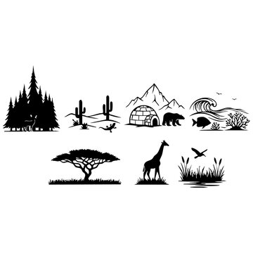 World biomes and habitat silhouette illustrations set with landscape silhouette environment mountain wildlife geography collection