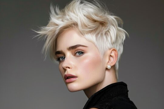 Studio portrait of a platinum blonde woman with short, tousled hair and pearl earrings, showcasing a stylish and modern pixie cut