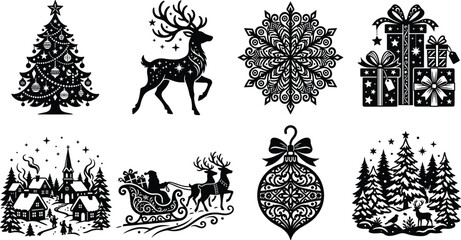 Christmas silhouette icon set featuring decorated xmas tree reindeer snowflake gift boxes winter village santa sleigh hanging bauble ornament and forest scene © Gauranga
