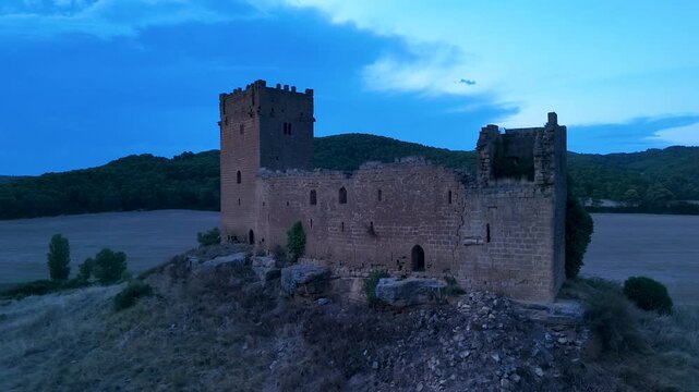 Aerial view of Yecra or Y&eacute;quera Castle in the medieval settlement of Y&eacute;quera, in the municipality of Luna, near Lacorvilla. Zaragoza, Aragon, Spain, Europe