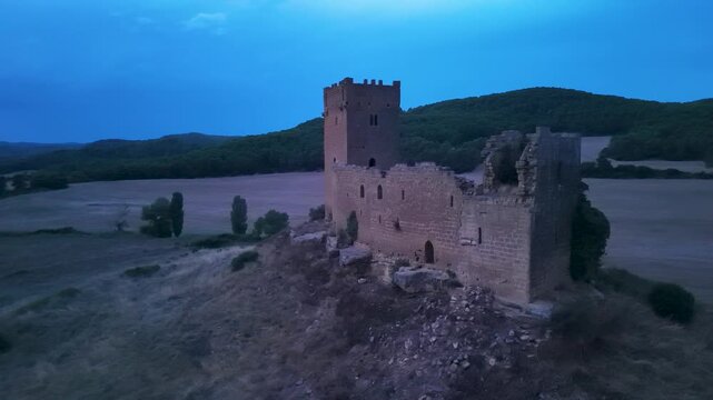 Aerial view of Yecra or Y&eacute;quera Castle in the medieval settlement of Y&eacute;quera, in the municipality of Luna, near Lacorvilla. Zaragoza, Aragon, Spain, Europe