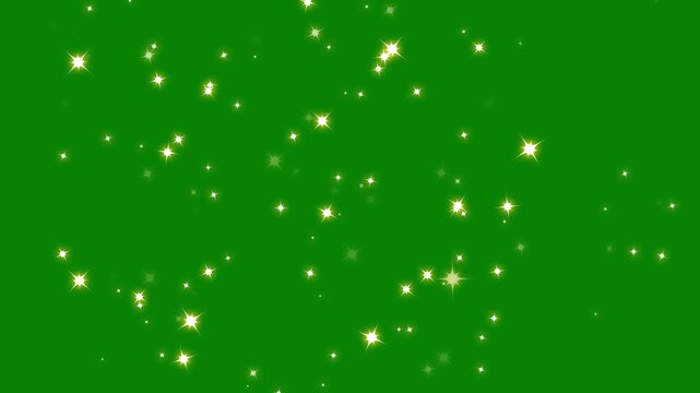 Golden glowing star burst blink effect, sparkling glitter dust motion, twinkling cartoon stars, radiant light streaks, seamless chroma key animation, magical transition overlay on green background.4K