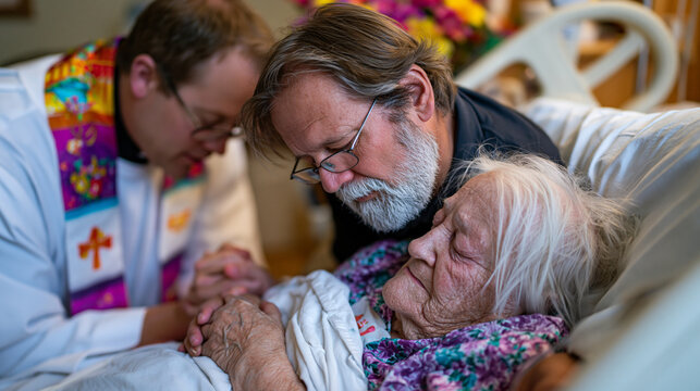 Hospice chaplain kneeling beside elderly patient bed in softly lit hospital room, hands joined in prayer for healing, pastoral care spiritual support end of life interfaith ministry compassion grief