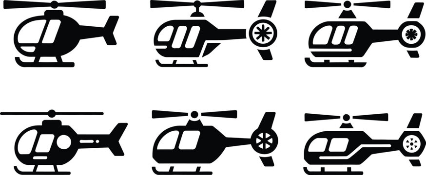 Helicopter icon set vector black flat copter chopper sign fly