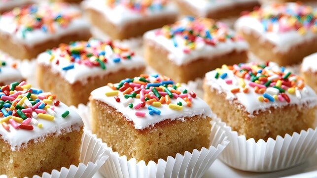 Rows of individual cut sponge cakes with a sweet white frosting and vibrant rainbow sprinkles, representing celebration, joy, and indulgence
