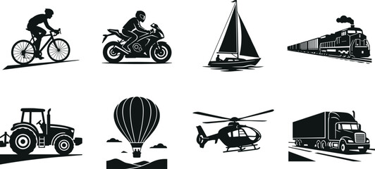 Collection of black transport silhouettes including a cyclist motorcycle rider sailboat steam train agricultural tractor hot air balloon helicopter and semi truck © Gauranga