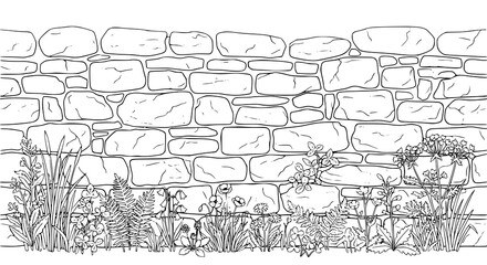 Obraz premium Weathered Grey Stone Wall Vector with Wildflowers and Grass Isolated on White
