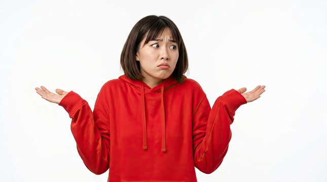 Young Asian Woman Shrugging Shoulders in Confusion and Uncertainty Wearing Red Hoodie