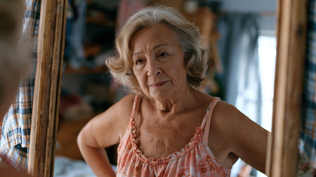 Older woman in comfortable clothes standing before a full-length mirror in a modest bedroom, hands on hips, studying her own reflection with a calm unapologetic expression, the private moment of acc