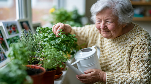 Older woman watering potted herbs on a sunlit windowsill inside a senior living apartment, personal photographs arranged on a nearby shelf, cozy domestic scale suggesting a whole life compressed int