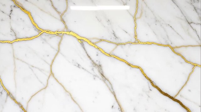 A white marble surface with elegant gold veins and cracks