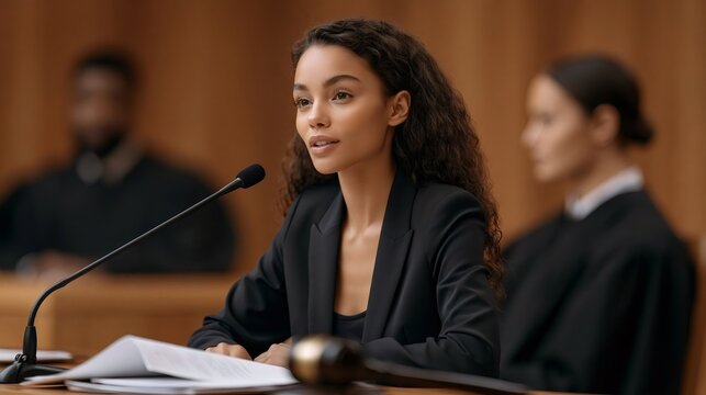 Young woman witness or lawyer giving testimony in a courtroom, speaking into a microphone during a trial with judges or legal professionals in the background, representing justice and law concepts