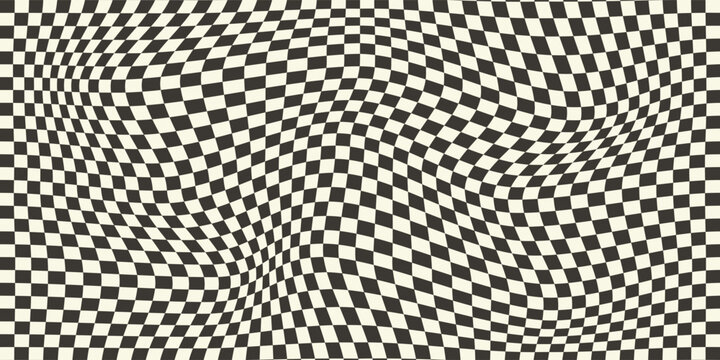 Trippy checkerboard background. Retro psychedelic checkered wallpaper. Wavy groovy chessboard surface. Distorted geometric pattern. Abstract monochrome vector backdrop