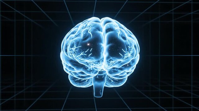 A glowing digital human brain model floating in dark space
