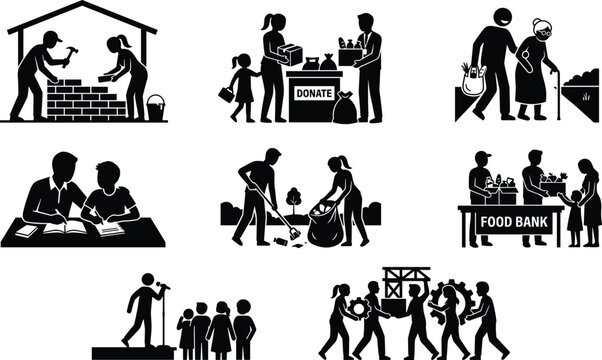 Community volunteer work and charity silhouette icons set featuring people donating food helping elderly cleaning park and building houses