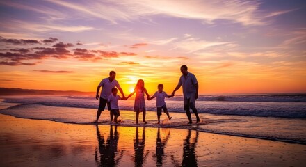 Fototapeta premium Family Silhouette Walking on Beach at Sunset.